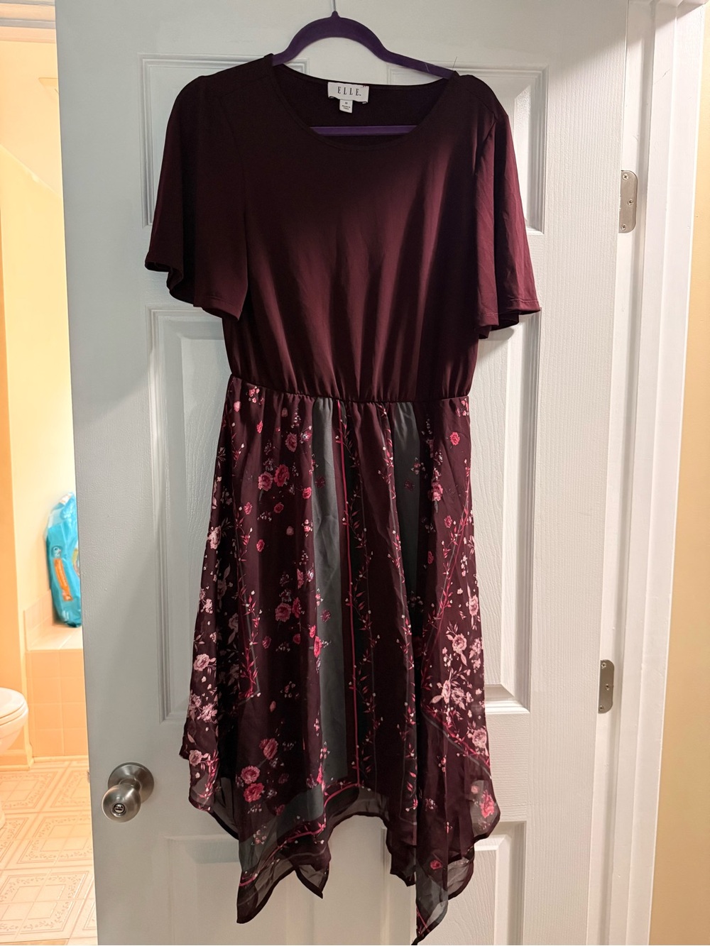 Burgundy Floral Handkerchief Hem Dress